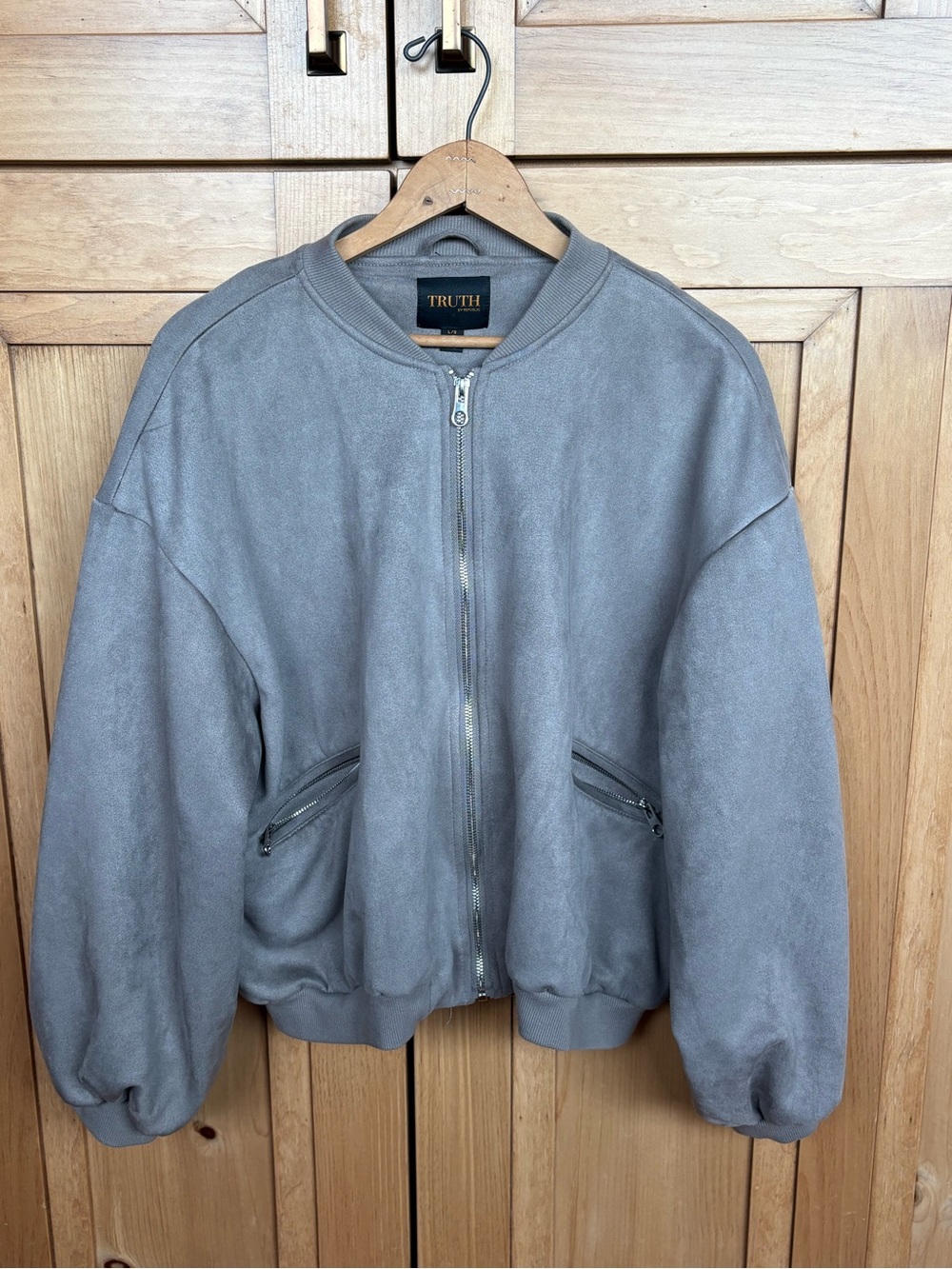 Gray Faux-Suede Bomber Jacket with Zip Pockets